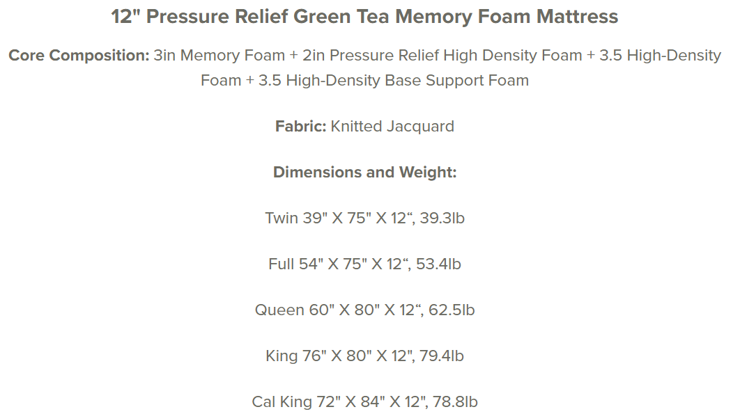 zinus Green Tea Memory Foam parameters