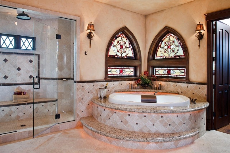 Amazing Gothic-style bathroom with stained-glass windows