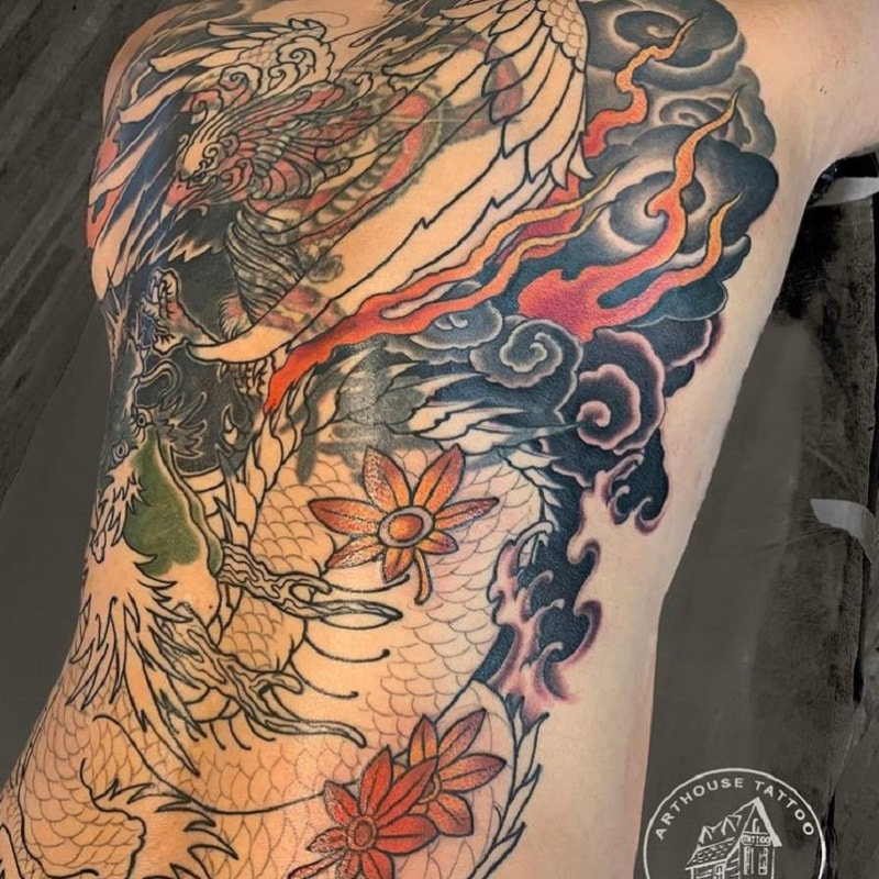 Phoenix and dragon full back cover-up tattoo