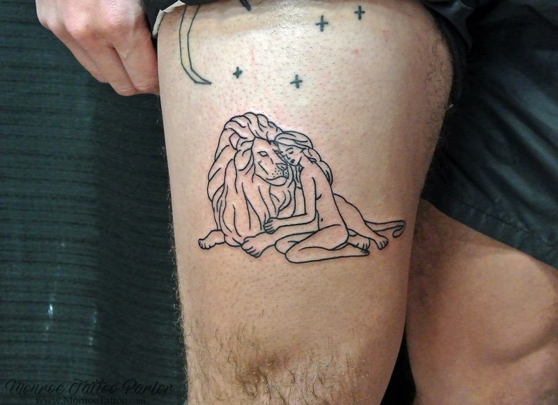 Woman and Lion line art tattoo